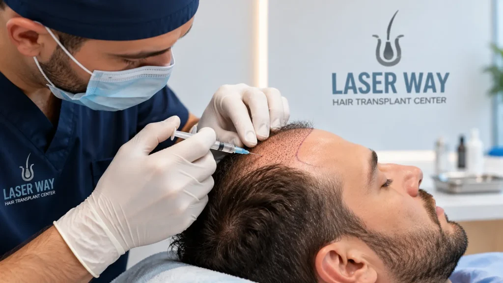 Somministrazione dell'anestesia locale sul cuoio capelluto di un paziente prima del trapianto di capelli