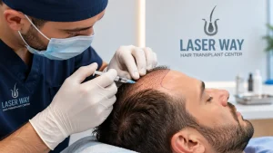 Somministrazione dell'anestesia locale sul cuoio capelluto di un paziente prima del trapianto di capelli