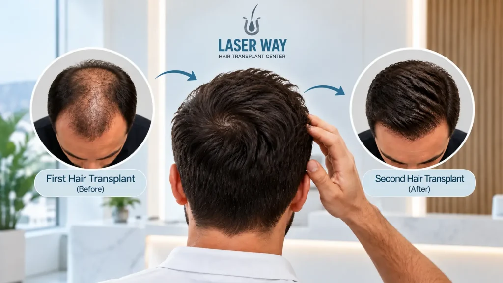Illustration comparing hair coverage before and after a second hair transplant