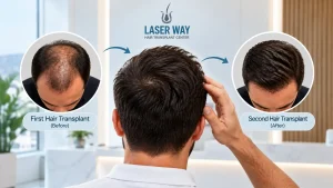 Illustration comparing hair coverage before and after a second hair transplant