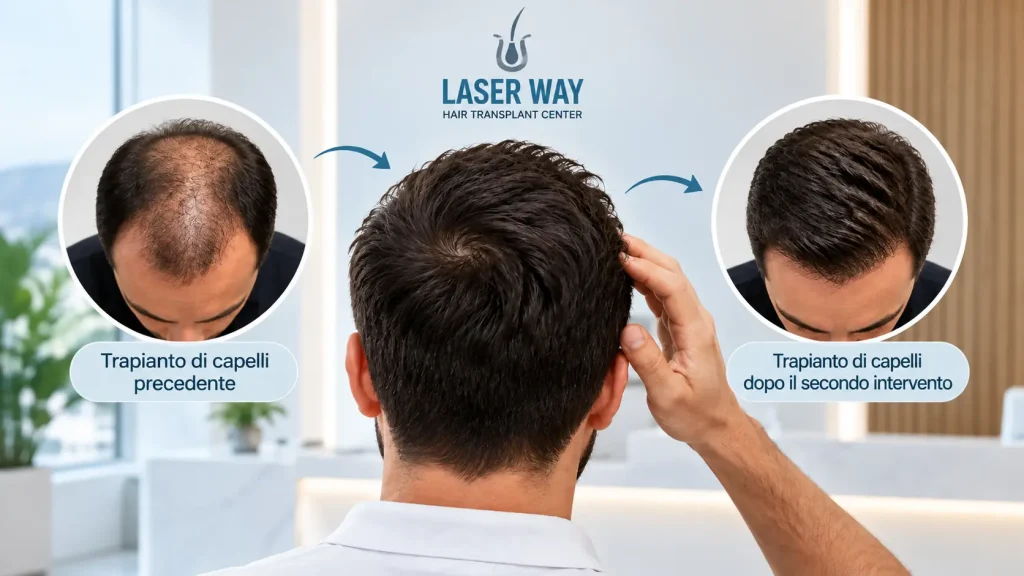 Illustrazione del primo e del secondo trapianto di capelli con confronto della densità capillare