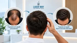 Illustrazione del primo e del secondo trapianto di capelli con confronto della densità capillare